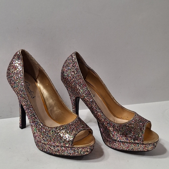 Candies Bohemian Retro Glitter Rainbow Peep Toe Platform Stiletto Heels Size 6.5 - Picture 3 of 8